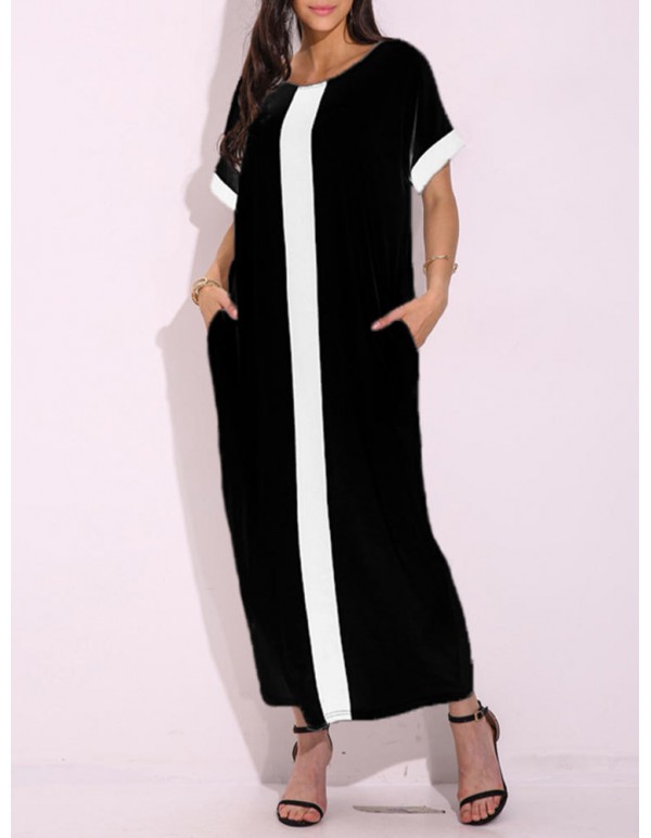 Women Casual Contrast Panel Stripe Scoop Neck Maxi Dress With Pocket