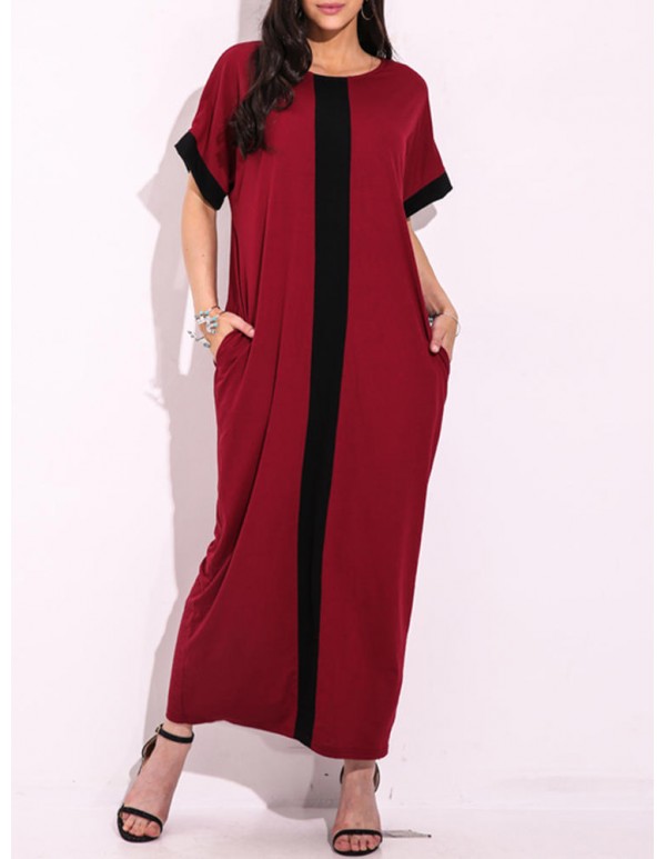 Women Casual Contrast Panel Stripe Scoop Neck Maxi Dress With Pocket