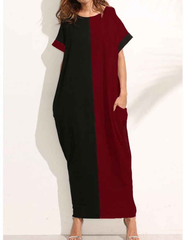 Women Casual Color Block Short Sleeve Maxi Dresses