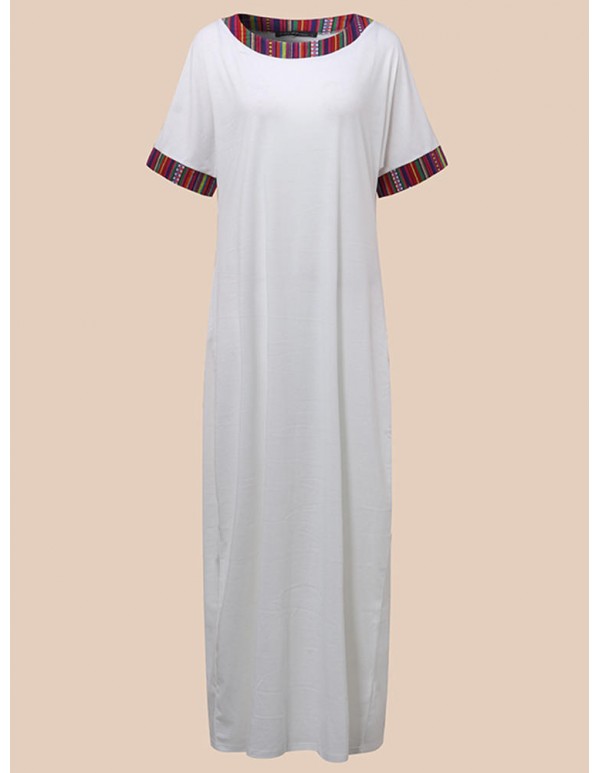 Casual Women Striped Trim Patchwork Short Sleeve Maxi Dress