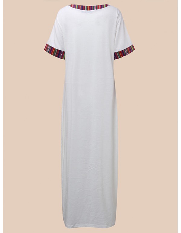 Casual Women Striped Trim Patchwork Short Sleeve Maxi Dress