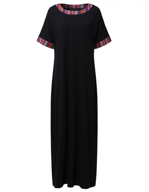 Casual Women Striped Trim Patchwork Short Sleeve Maxi Dress