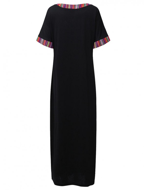 Casual Women Striped Trim Patchwork Short Sleeve Maxi Dress