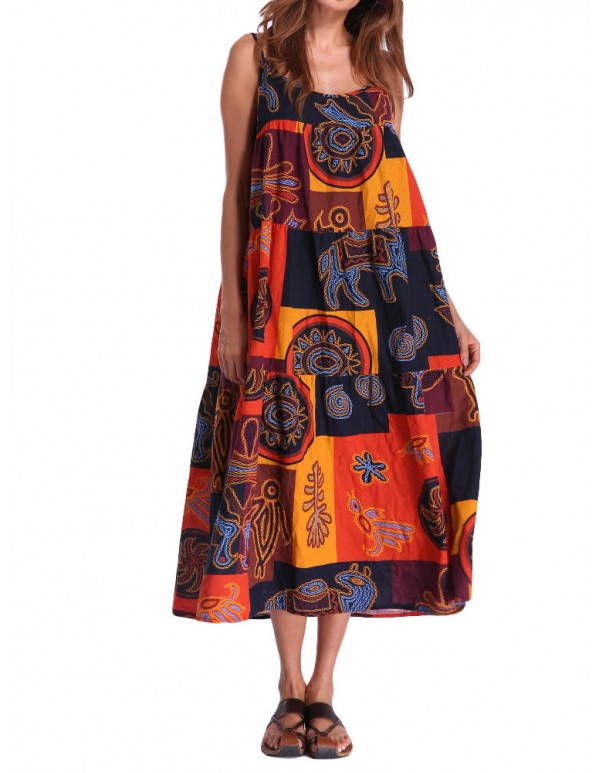 Women Spaghetti Strap Pattern Printed Patchwork Maxi Dress