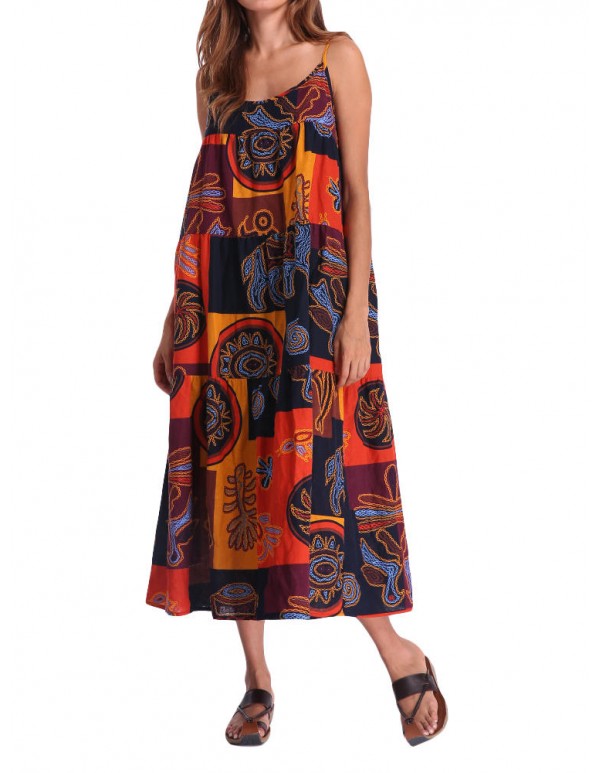 Women Spaghetti Strap Pattern Printed Patchwork Maxi Dress