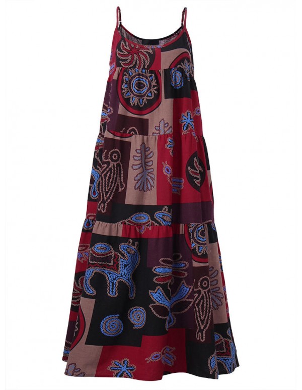 Women Spaghetti Strap Pattern Printed Patchwork Maxi Dress