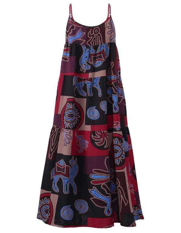 Women Spaghetti Strap Pattern Printed Patchwork Maxi Dress