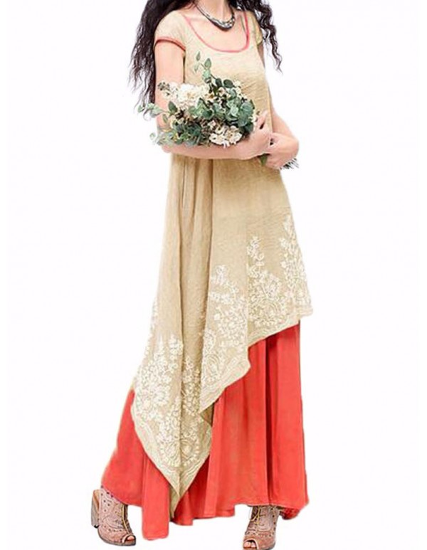 Vintage Women O-Neck Floral Crochet Embroidery Layered Maxi Dress