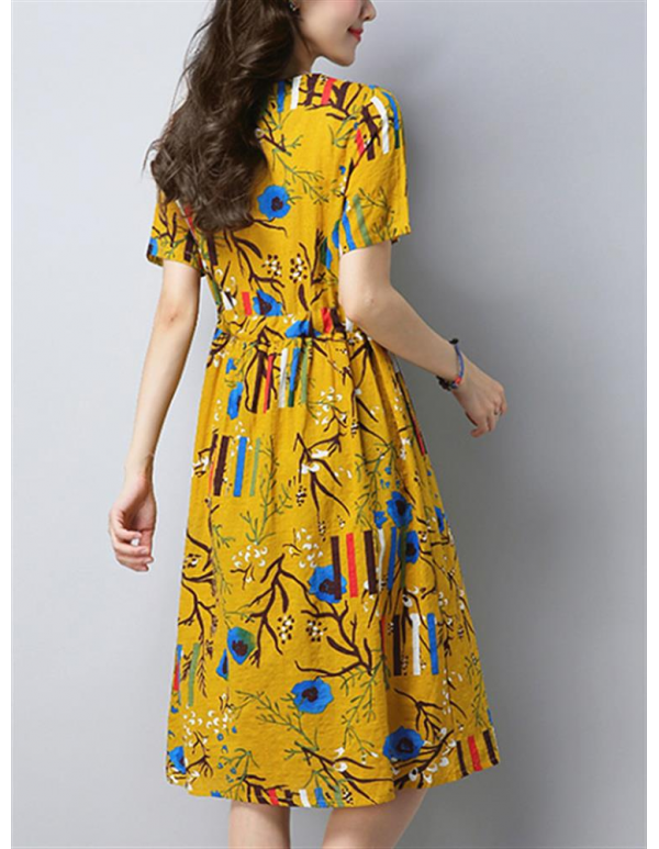 Women Vintage Print Dresses O-Neck Short Sleeve Summer Dress