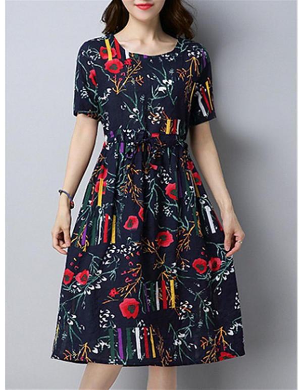 Women Vintage Print Dresses O-Neck Short Sleeve Summer Dress