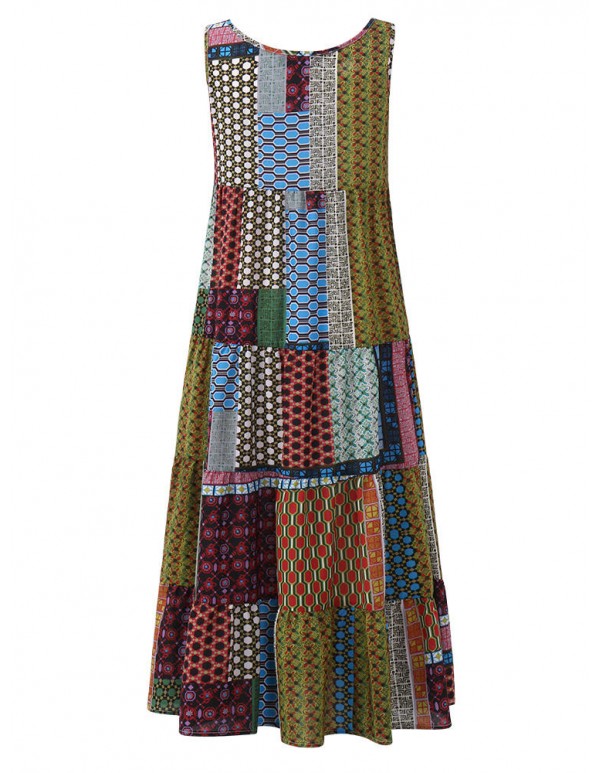 Gracila Bohemian Women Sleeveless Patchwork O-Neck Maxi Tank Dress