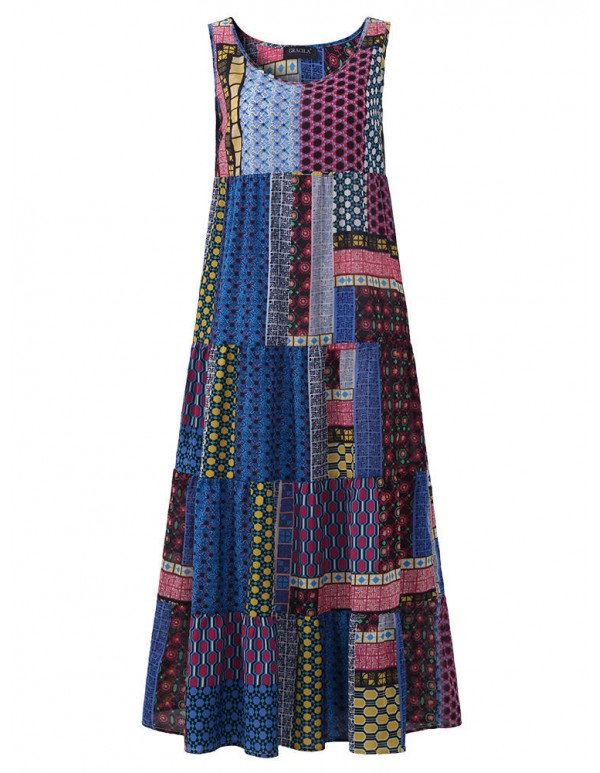 Gracila Bohemian Women Sleeveless Patchwork O-Neck Maxi Tank Dress