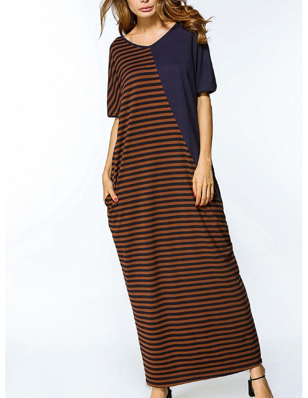 Women Short Sleeve Stripe Patchwork Loose O-neck Maxi Dresses