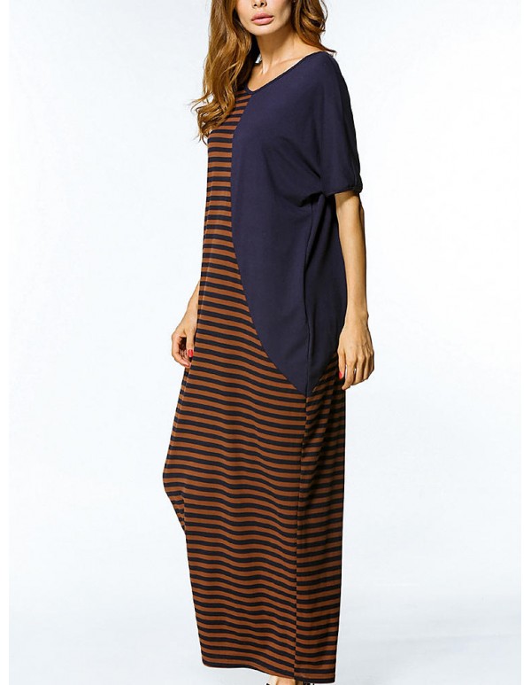 Women Short Sleeve Stripe Patchwork Loose O-neck Maxi Dresses