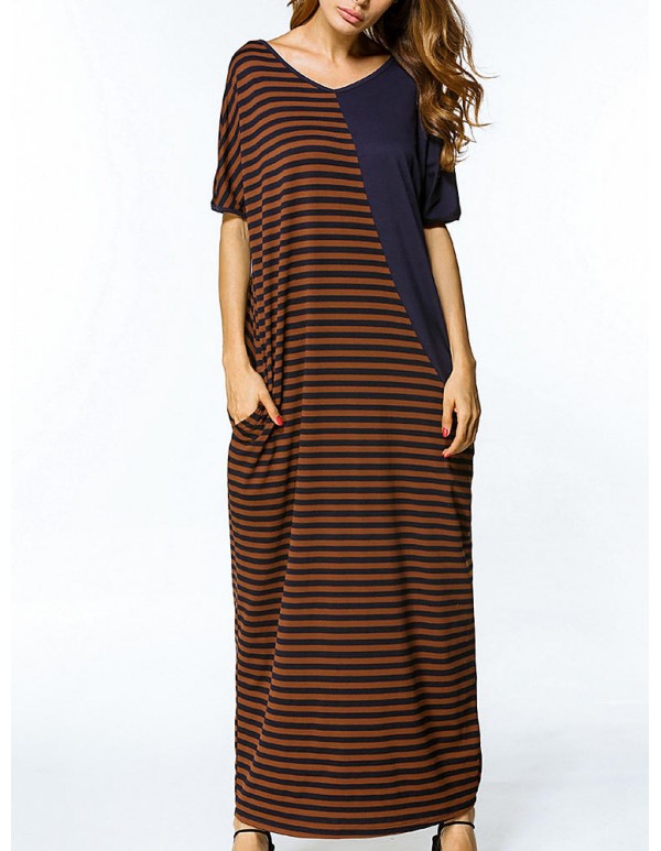 Women Short Sleeve Stripe Patchwork Loose O-neck Maxi Dresses