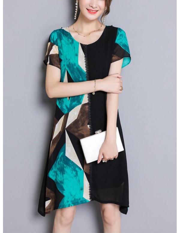 Women Chiffon Geometric Printing Patchwork Irregular Dress