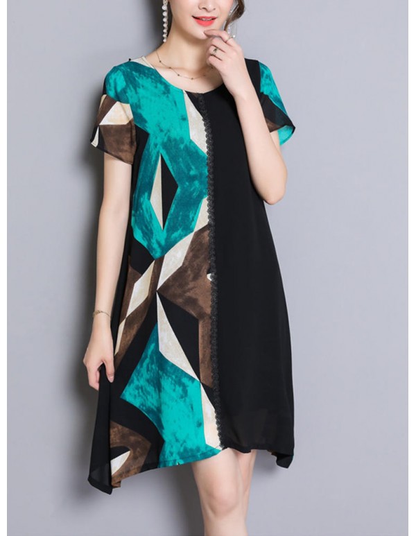 Women Chiffon Geometric Printing Patchwork Irregular Dress