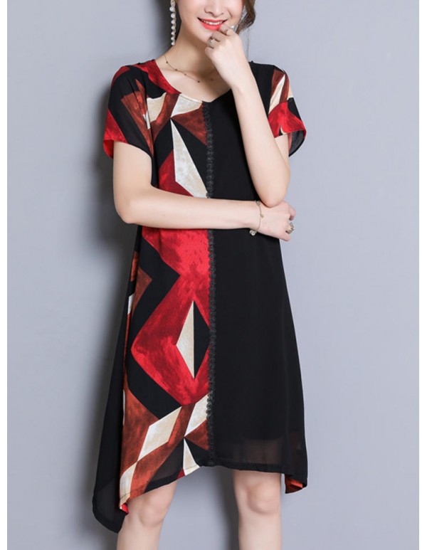 Women Chiffon Geometric Printing Patchwork Irregular Dress