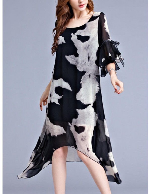 Women Chiffon Printed Flared-Sleeve Bowknot Irregular Hem Dress