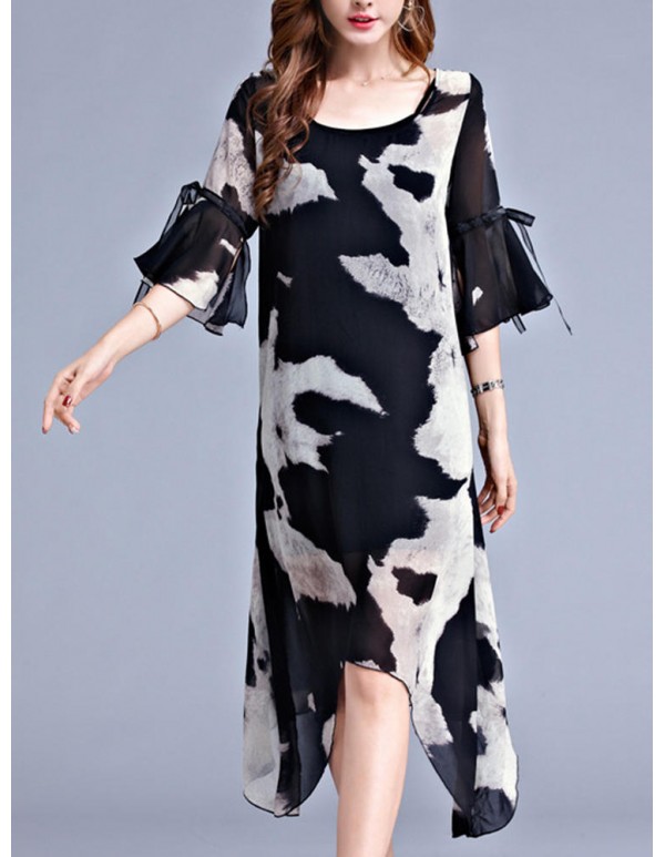 Women Chiffon Printed Flared-Sleeve Bowknot Irregular Hem Dress