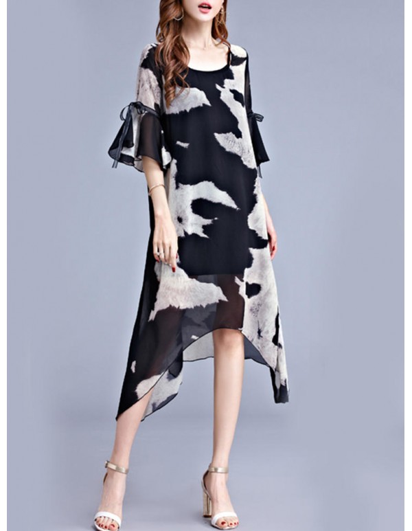 Women Chiffon Printed Flared-Sleeve Bowknot Irregular Hem Dress