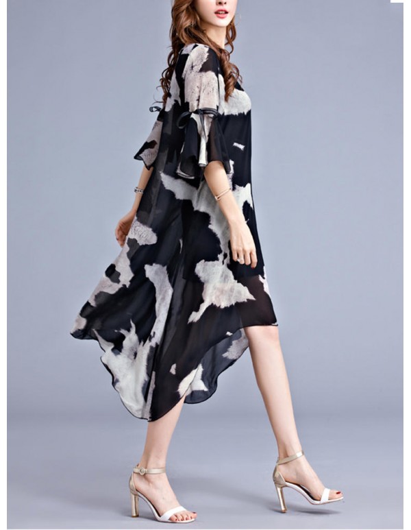 Women Chiffon Printed Flared-Sleeve Bowknot Irregular Hem Dress