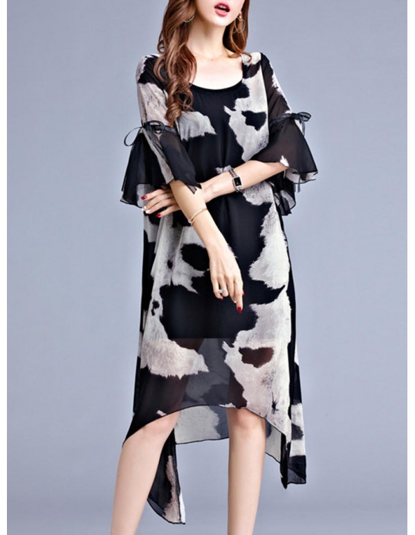 Women Chiffon Printed Flared-Sleeve Bowknot Irregular Hem Dress