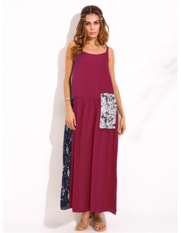 Women Spaghetti Strap Printed Patchwork Maxi Dress With Pocket