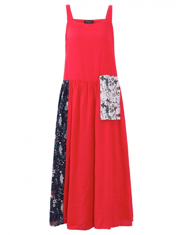 Women Spaghetti Strap Printed Patchwork Maxi Dress With Pocket