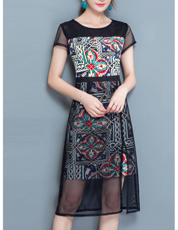 Elegant Women Pattern Printed Mesh Stitching Short Sleeve Work Dress