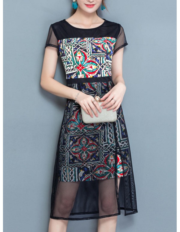 Elegant Women Pattern Printed Mesh Stitching Short Sleeve Work Dress