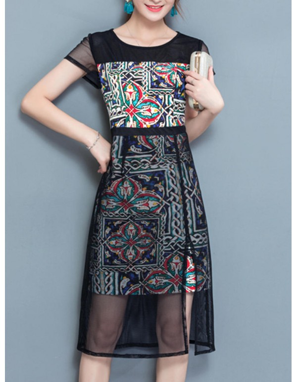 Elegant Women Pattern Printed Mesh Stitching Short Sleeve Work Dress