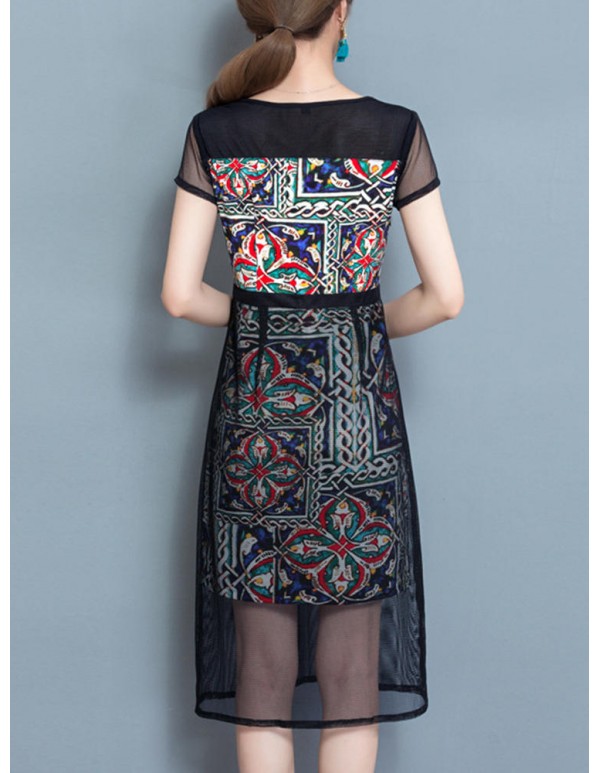 Elegant Women Pattern Printed Mesh Stitching Short Sleeve Work Dress