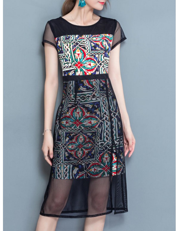 Elegant Women Pattern Printed Mesh Stitching Short Sleeve Work Dress