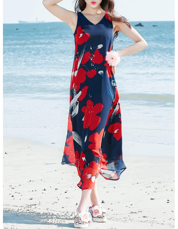 Bohemian Chiffon Women V-Neck Printed Sleeveless Maxi Dress