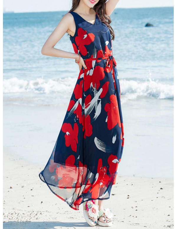 Bohemian Chiffon Women V-Neck Printed Sleeveless Maxi Dress