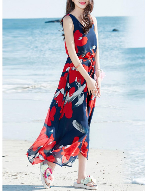 Bohemian Chiffon Women V-Neck Printed Sleeveless Maxi Dress