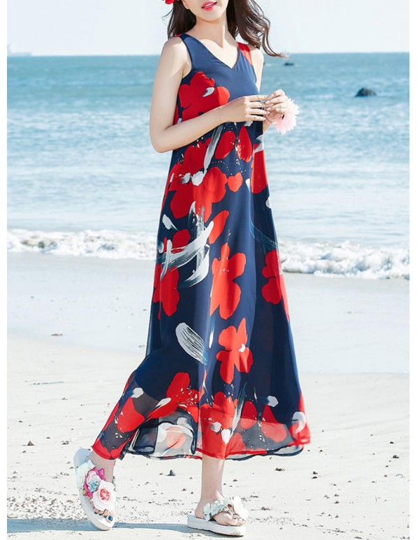 Bohemian Chiffon Women V-Neck Printed Sleeveless Maxi Dress