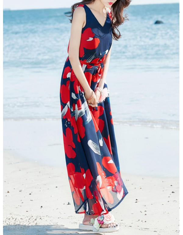 Bohemian Chiffon Women V-Neck Printed Sleeveless Maxi Dress