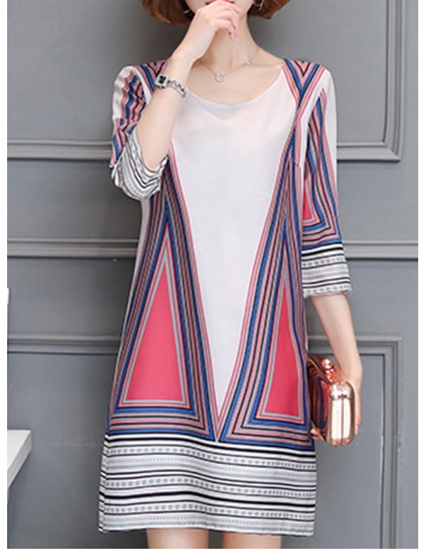 Women Sexy Patchwork Round Neck Dresses Three Quarter Sleeve Mini Dress