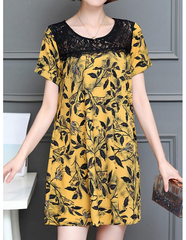 Women Sexy Lace Print Short Sleeved Dresses Round Neck Mini Dress