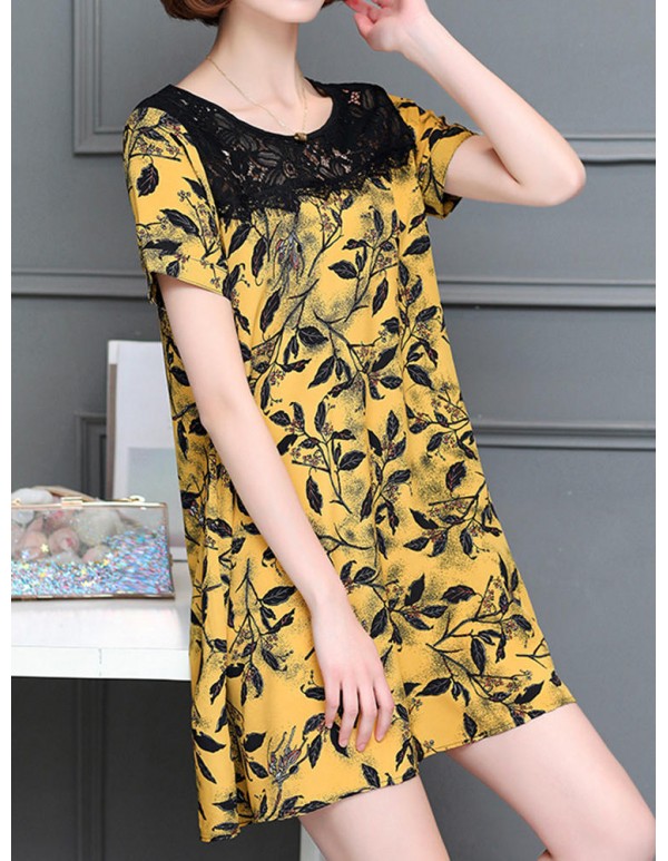 Women Sexy Lace Print Short Sleeved Dresses Round Neck Mini Dress