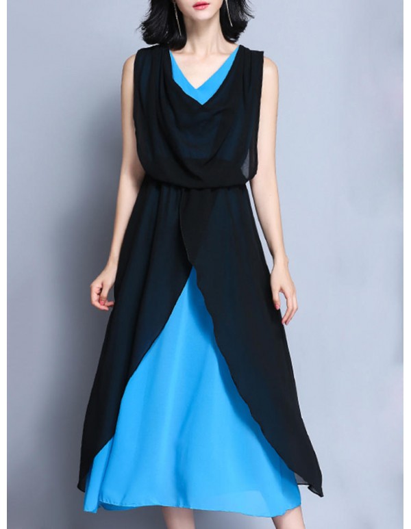 Elegant Women V-Neck Contrast Color Sleeveless Irregular Maxi Dress