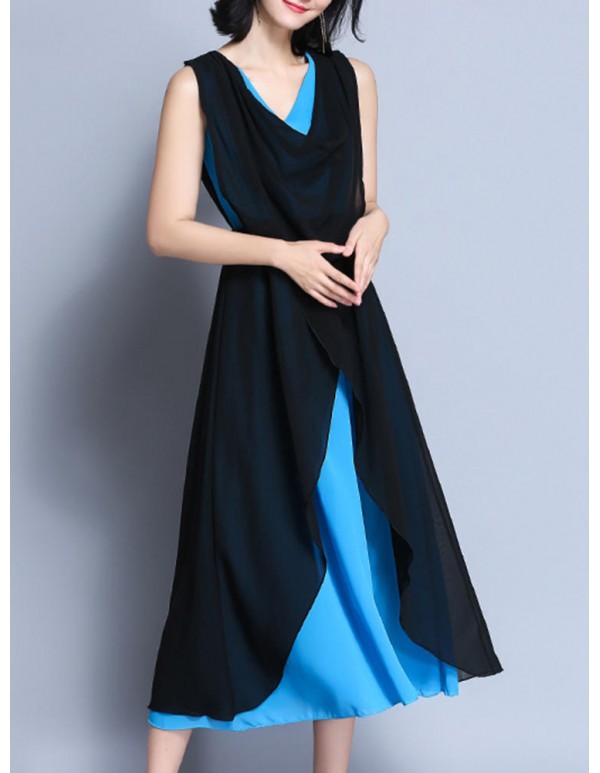 Elegant Women V-Neck Contrast Color Sleeveless Irregular Maxi Dress