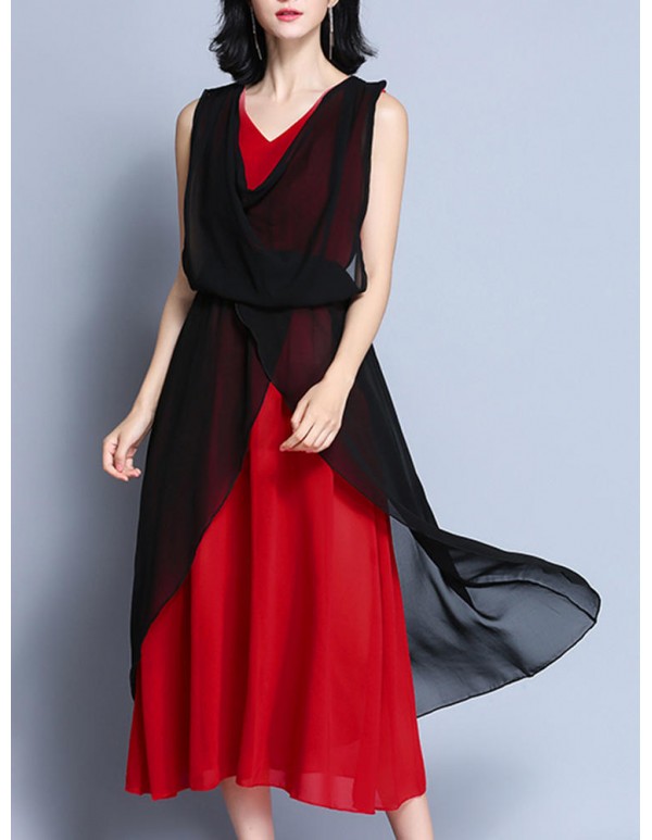 Elegant Women V-Neck Contrast Color Sleeveless Irregular Maxi Dress