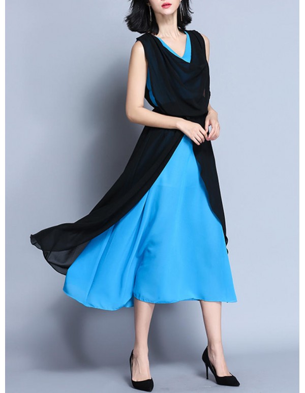 Elegant Women V-Neck Contrast Color Sleeveless Irregular Maxi Dress