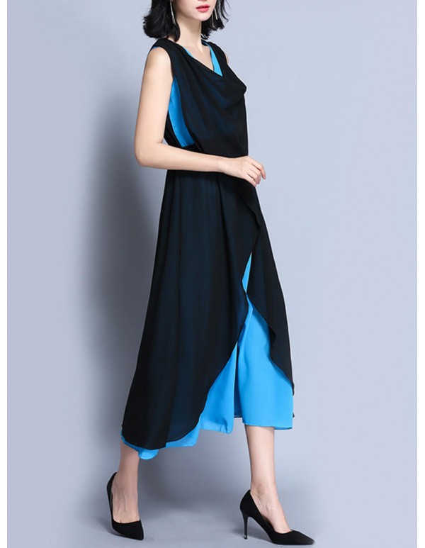 Elegant Women V-Neck Contrast Color Sleeveless Irregular Maxi Dress