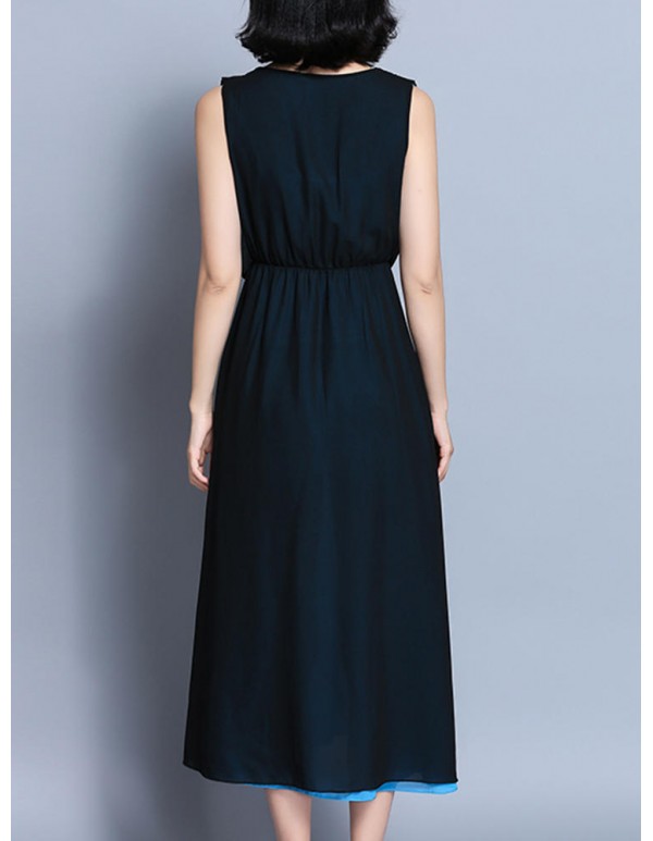 Elegant Women V-Neck Contrast Color Sleeveless Irregular Maxi Dress