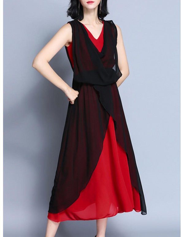 Elegant Women V-Neck Contrast Color Sleeveless Irregular Maxi Dress