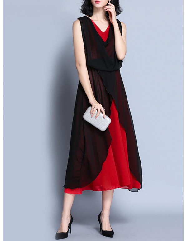 Elegant Women V-Neck Contrast Color Sleeveless Irregular Maxi Dress